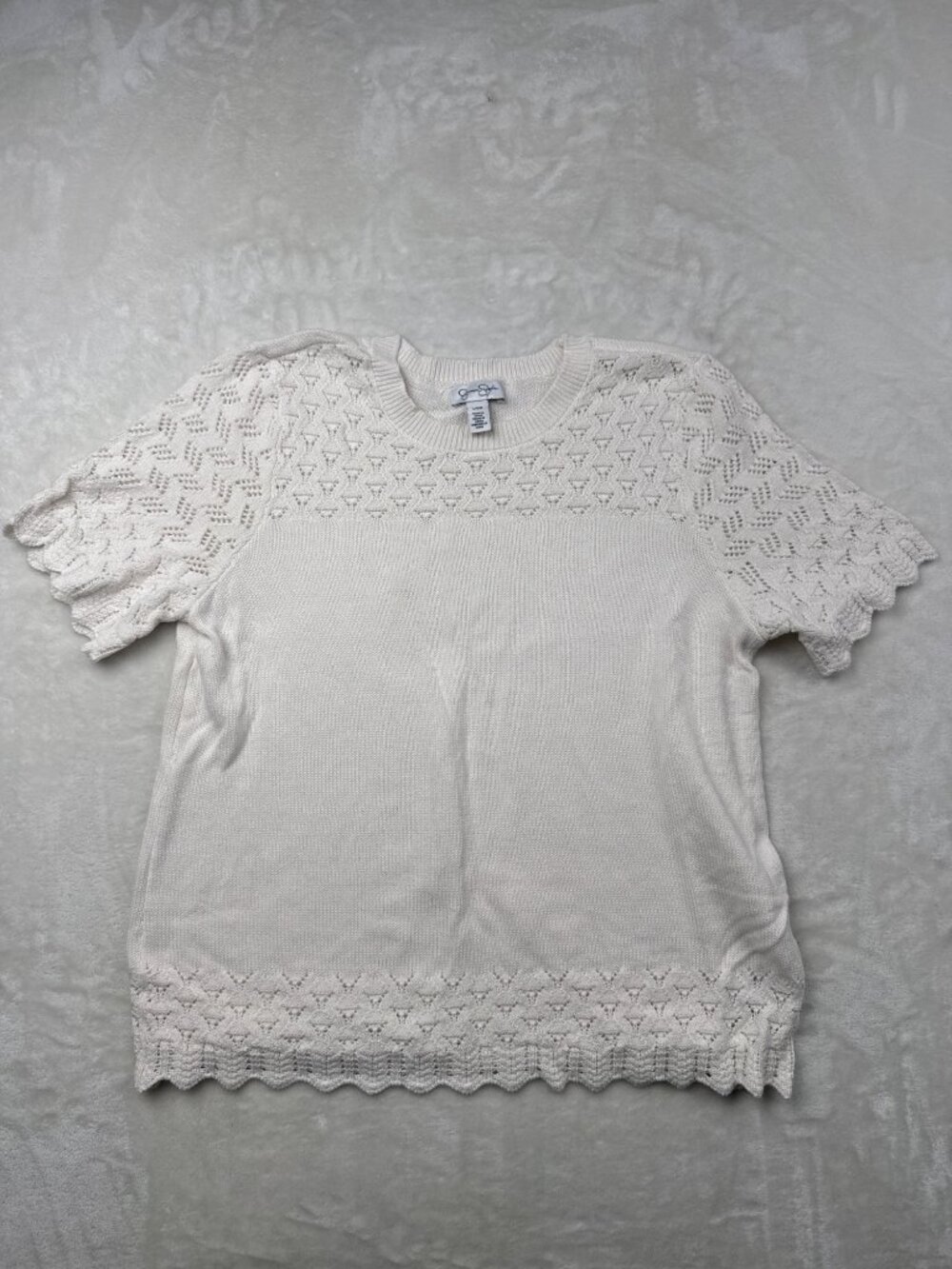 Jessica Simpson Womens White Knit Short Sleeve Sweater Top L Cotton Acrylic Blen